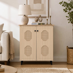 2‑Door Geometric‑Style Storage Cabinet Freestanding Footwear Organizer with Stylish Carved Panels-Natural view 3