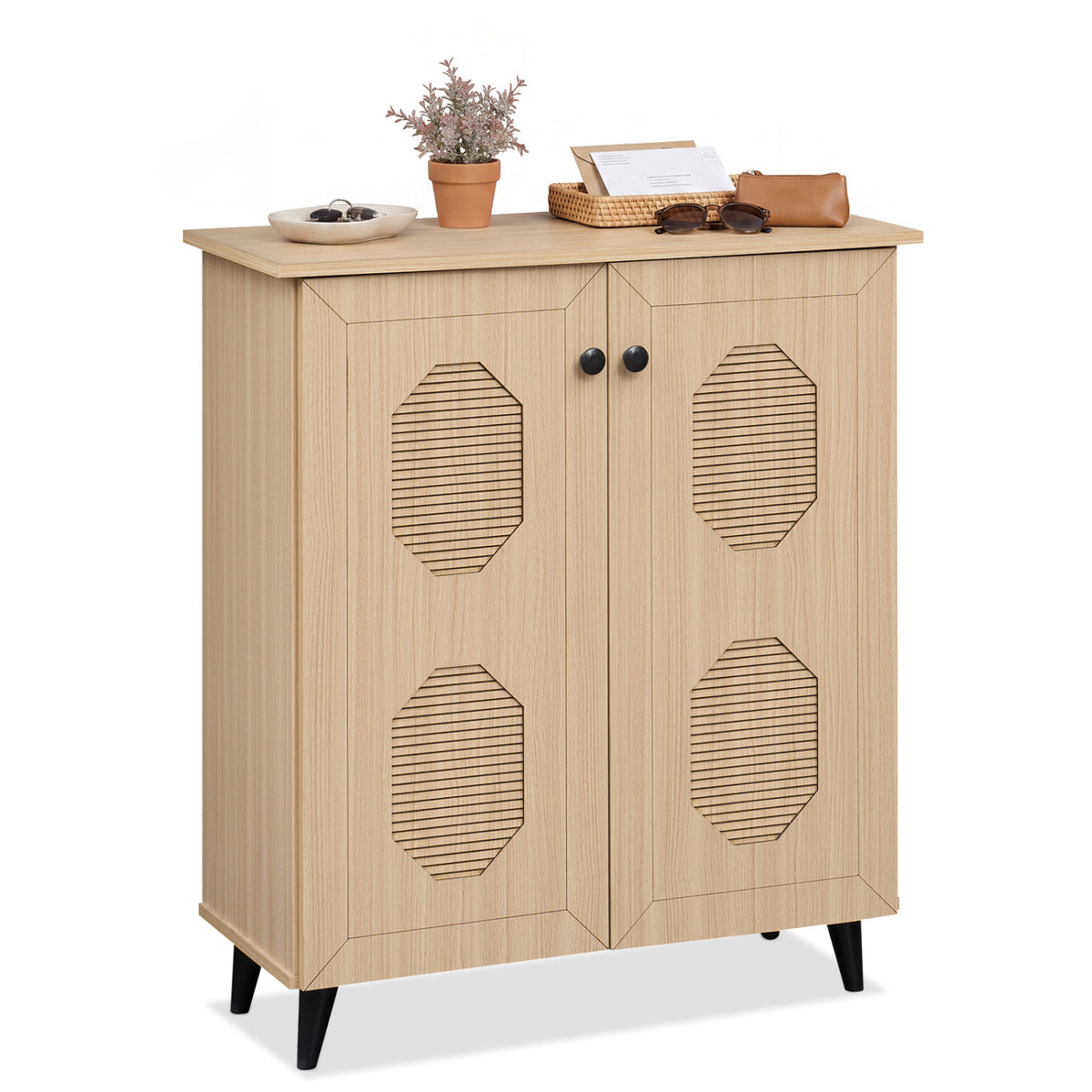 2‑Door Geometric‑Style Storage Cabinet Freestanding Footwear Organizer with Stylish Carved Panels-Natural view 4