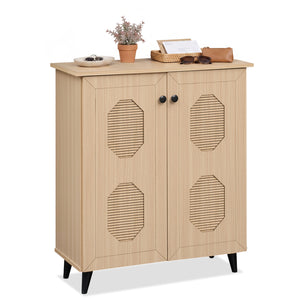 2‑Door Geometric‑Style Storage Cabinet Freestanding Footwear Organizer with Stylish Carved Panels-Natural view 4