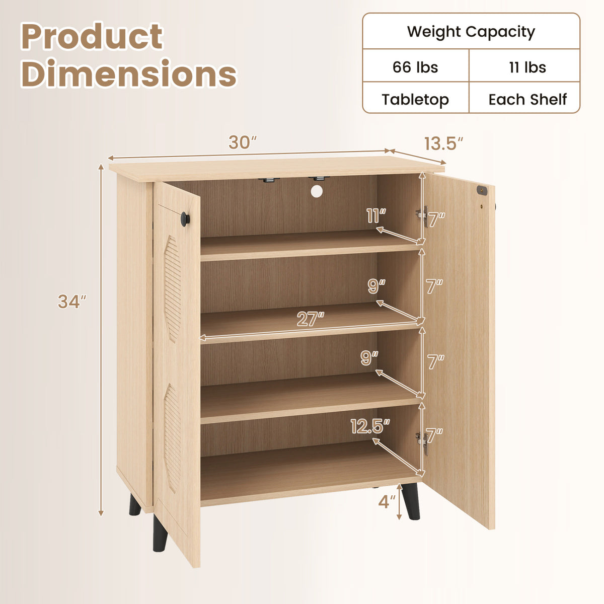 2‑Door Geometric‑Style Storage Cabinet Freestanding Footwear Organizer with Stylish Carved Panels-Natural view 5