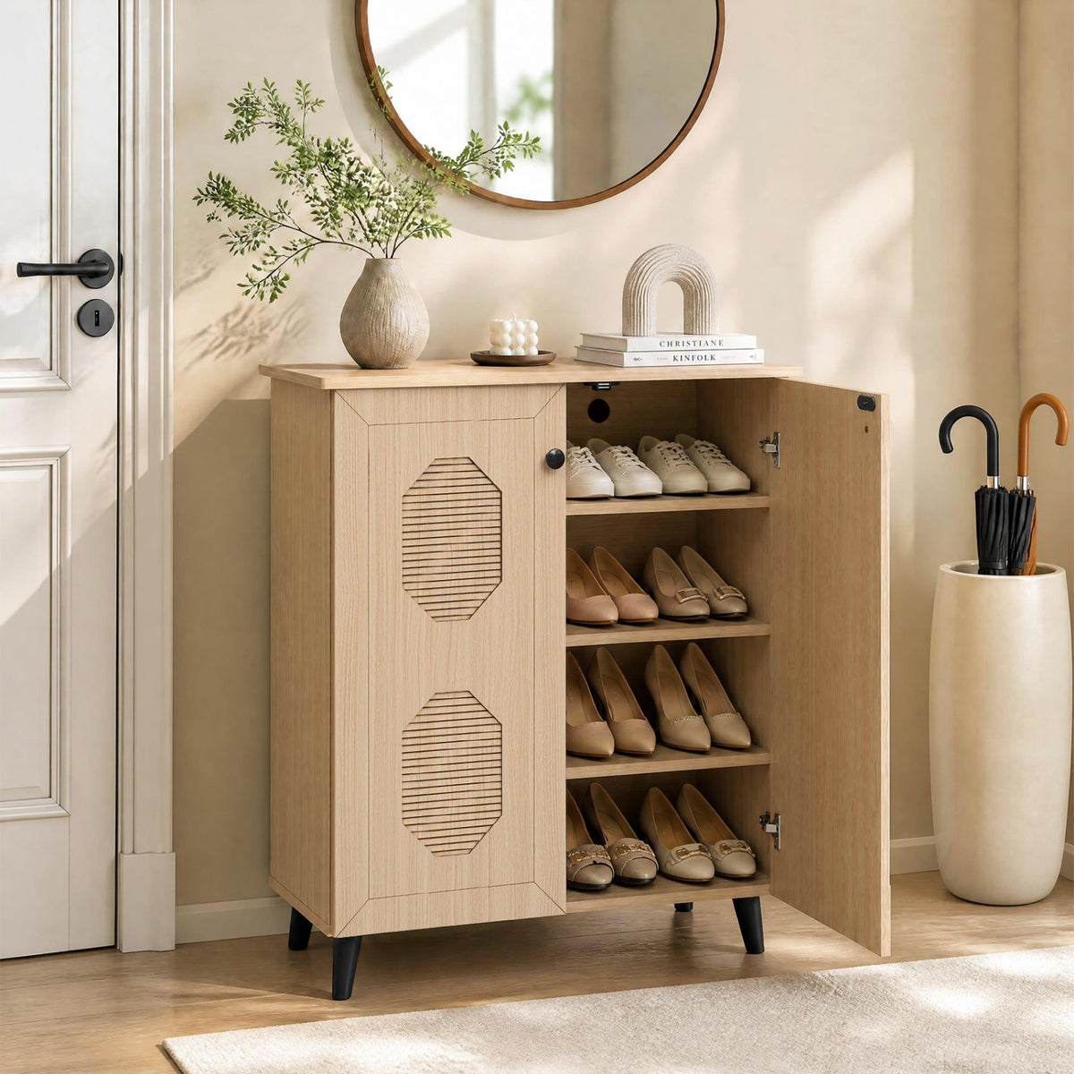 2‑Door Geometric‑Style Storage Cabinet Freestanding Footwear Organizer with Stylish Carved Panels-Natural view 6