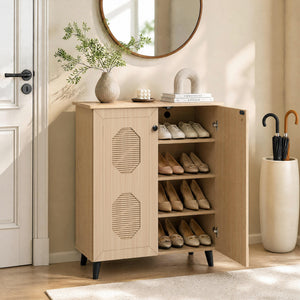2‑Door Geometric‑Style Storage Cabinet Freestanding Footwear Organizer with Stylish Carved Panels-Natural view 6