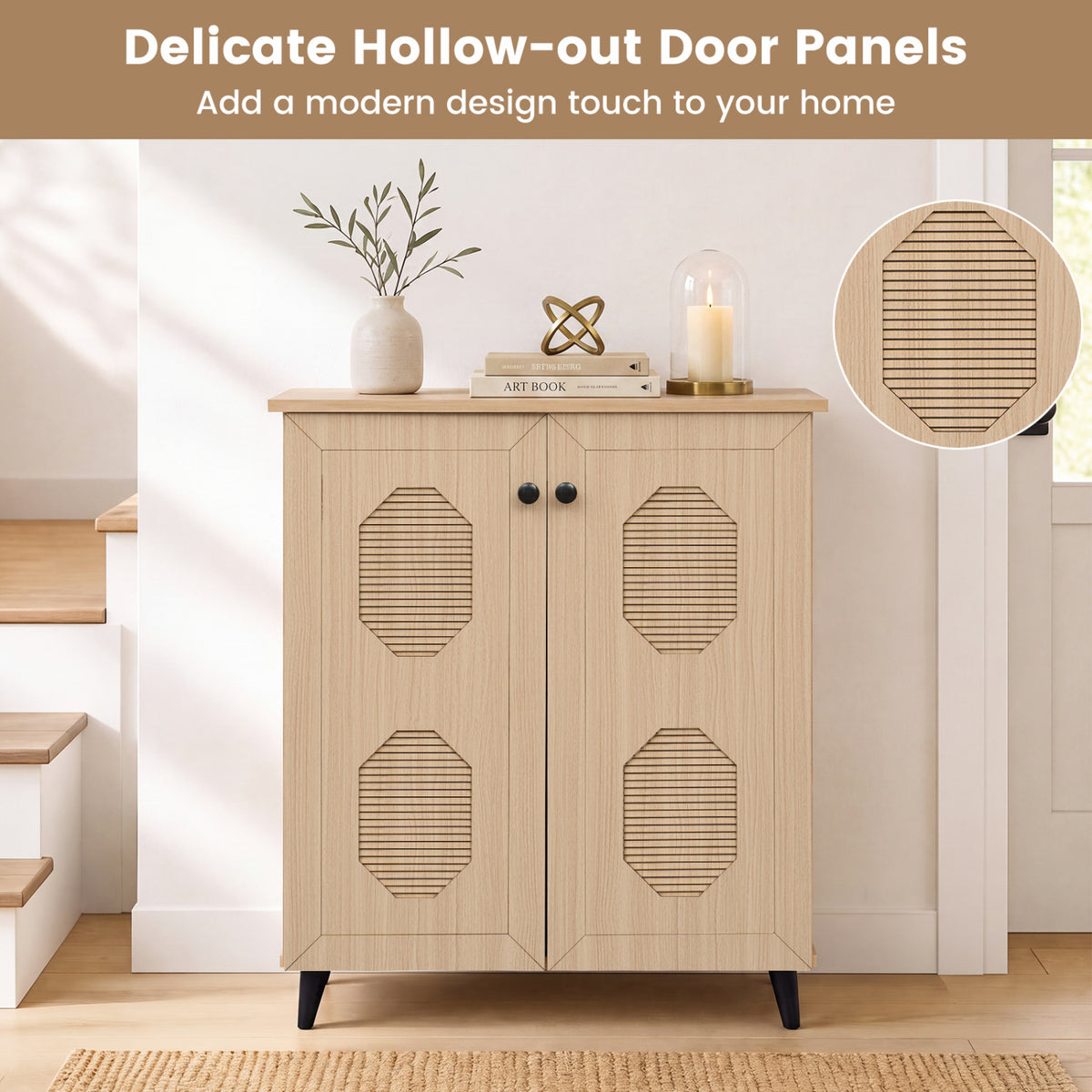 2‑Door Geometric‑Style Storage Cabinet Freestanding Footwear Organizer with Stylish Carved Panels-Natural view 7