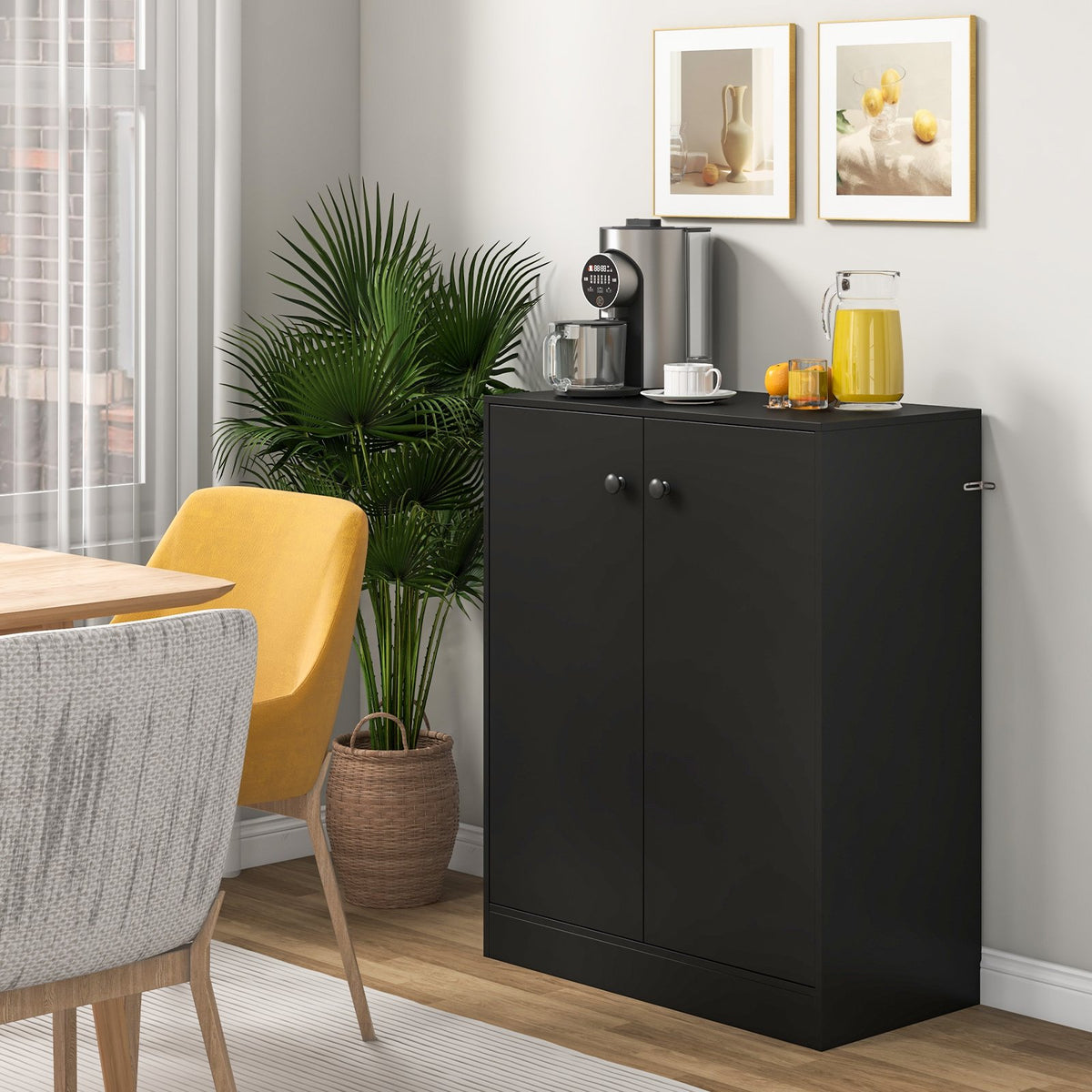 2-Door Modern Floor Storage Cabinet with 3-Tier Shelf-Black view 3