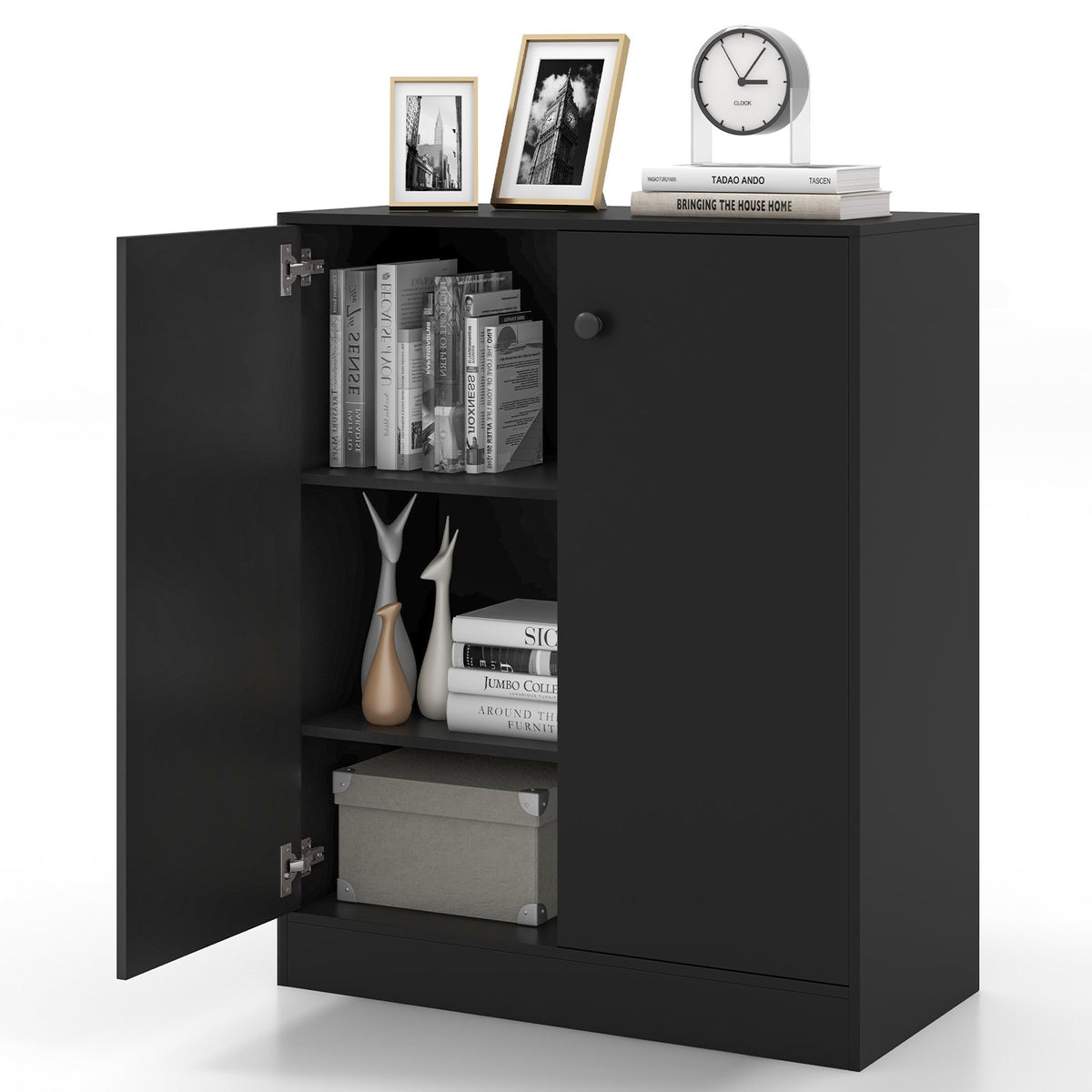 2-Door Modern Floor Storage Cabinet with 3-Tier Shelf-Black view 4