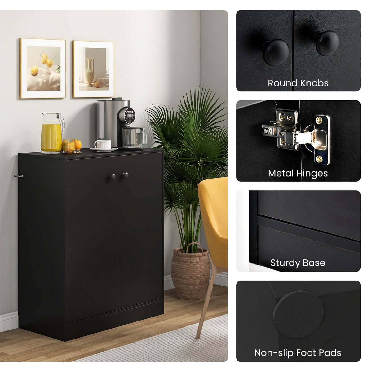 2-Door Modern Floor Storage Cabinet with 3-Tier Shelf-Black view 7