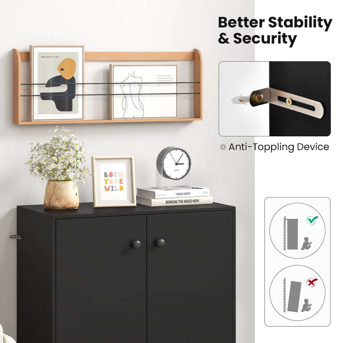 2-Door Modern Floor Storage Cabinet with 3-Tier Shelf-Black view 9