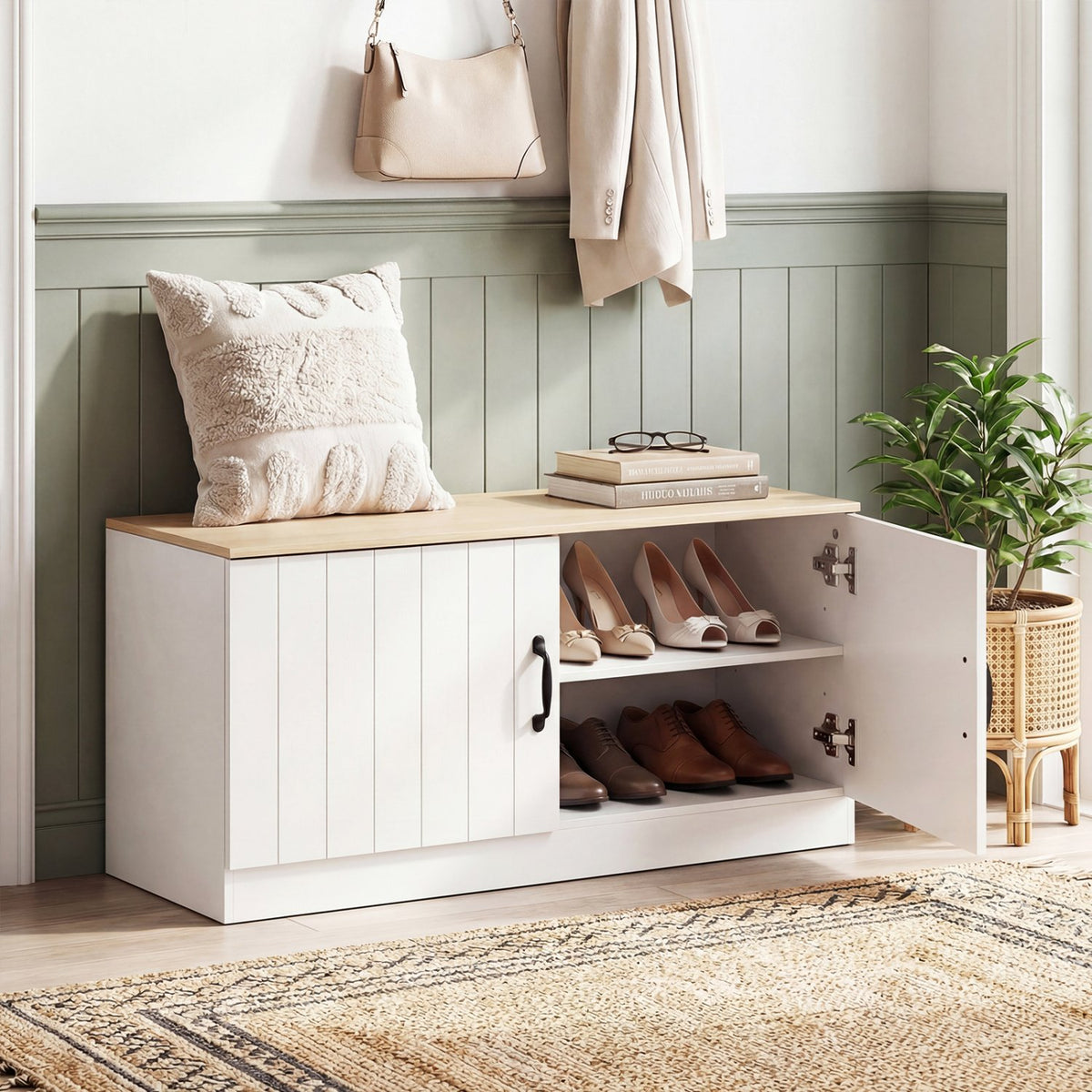 2-Door Shoe Bench Shoe Storage Cabinet with Adjustable Shelves-Natural view 2
