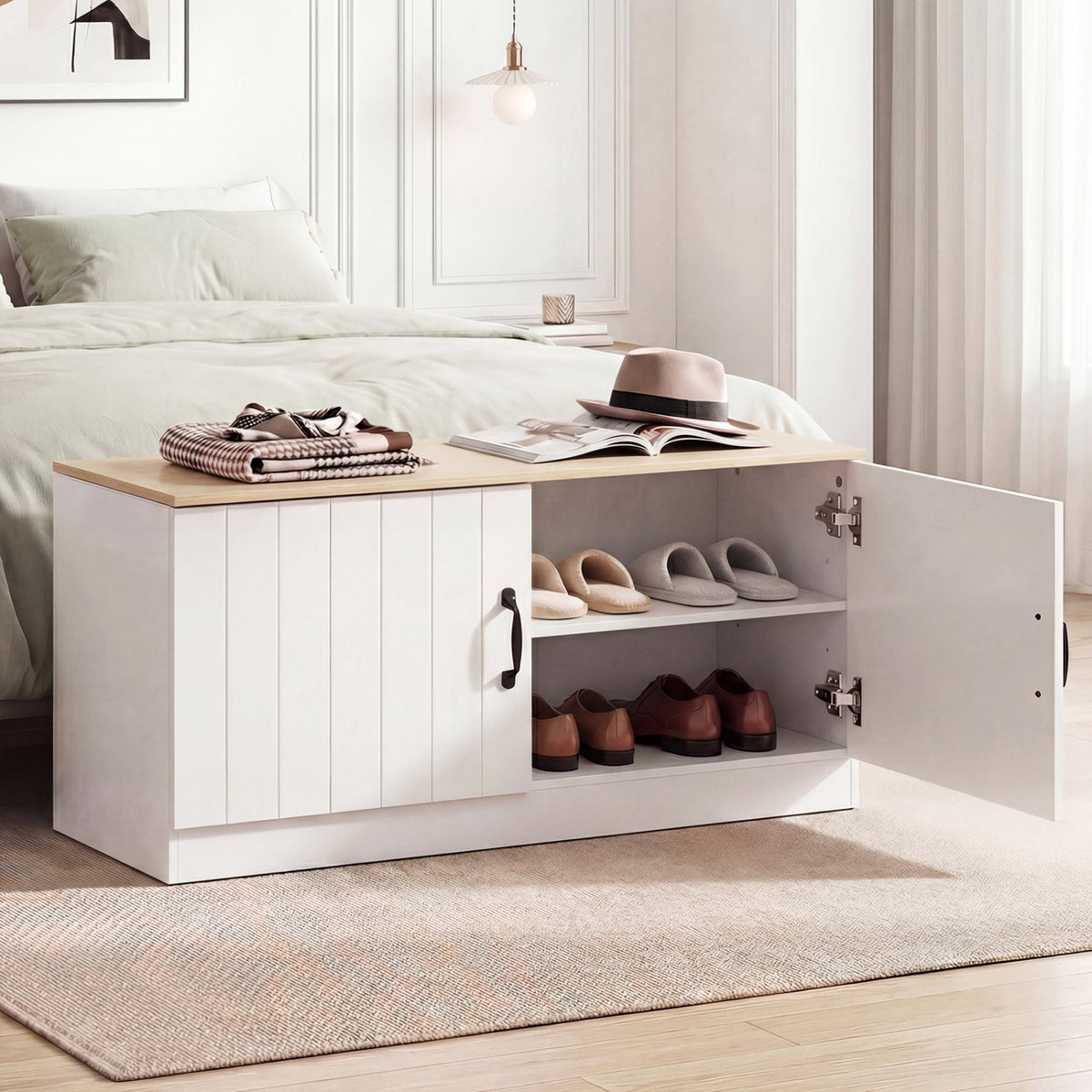 2-Door Shoe Bench Shoe Storage Cabinet with Adjustable Shelves-Natural view 6
