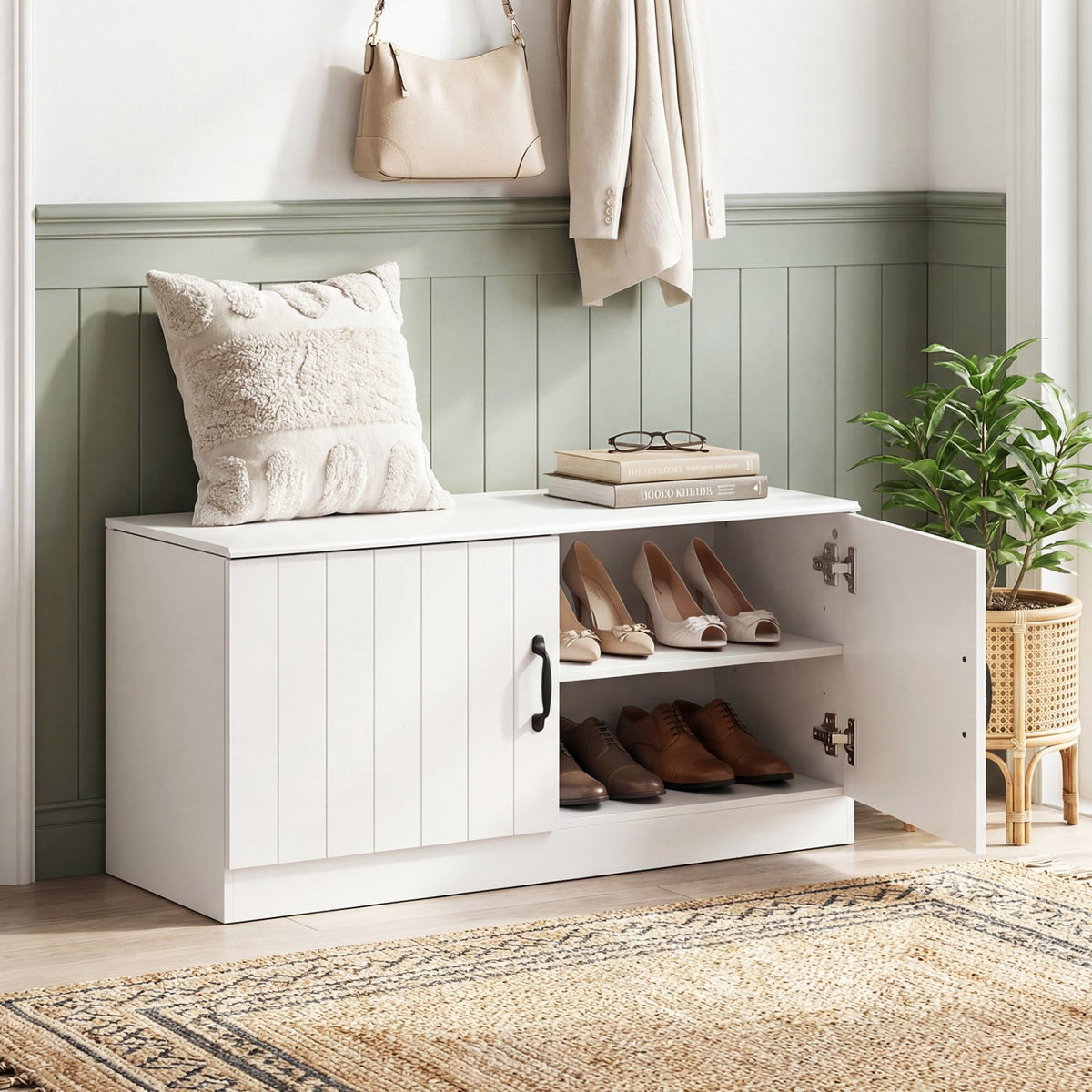 2-Door Shoe Bench Shoe Storage Cabinet with Adjustable Shelves-White view 2