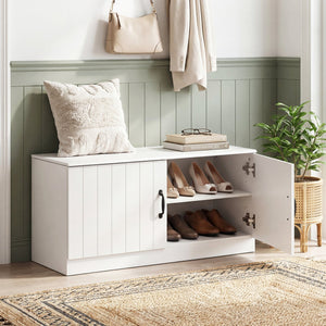 2-Door Shoe Bench Shoe Storage Cabinet with Adjustable Shelves-White view 2