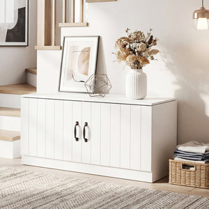 2-Door Shoe Bench Shoe Storage Cabinet with Adjustable Shelves-White view 3