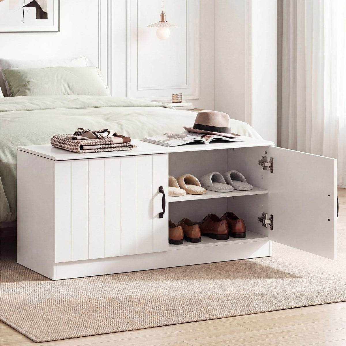 2-Door Shoe Bench Shoe Storage Cabinet with Adjustable Shelves-White view 6
