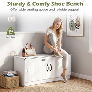 2-Door Shoe Bench Shoe Storage Cabinet with Adjustable Shelves-White view 8