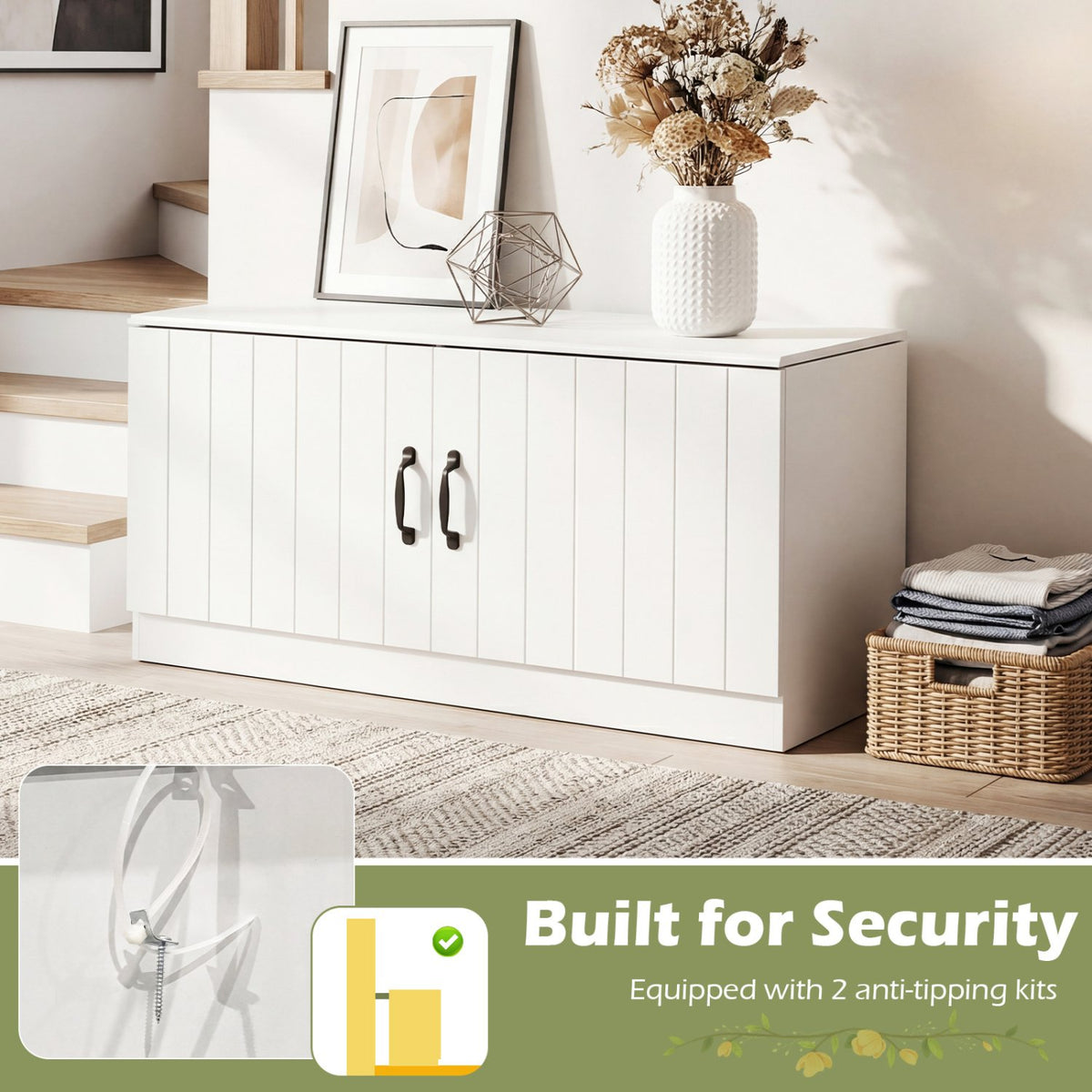 2-Door Shoe Bench Shoe Storage Cabinet with Adjustable Shelves-White view 9
