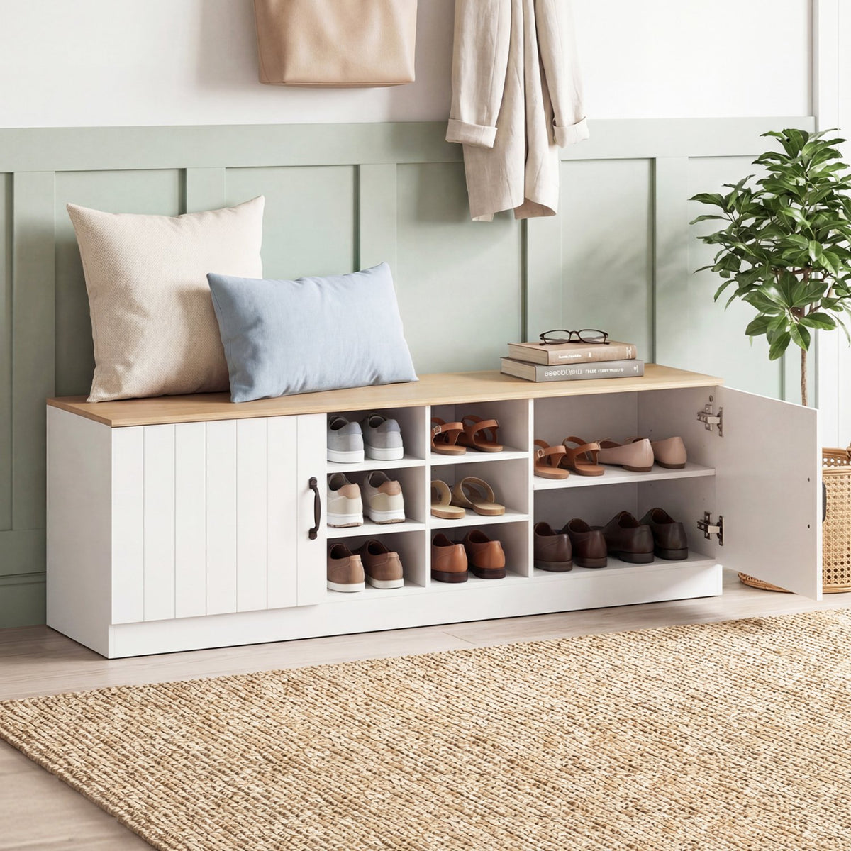 2-Door Shoe Bench Storage Cabinet with Adjustable Shelves-Natural view 2