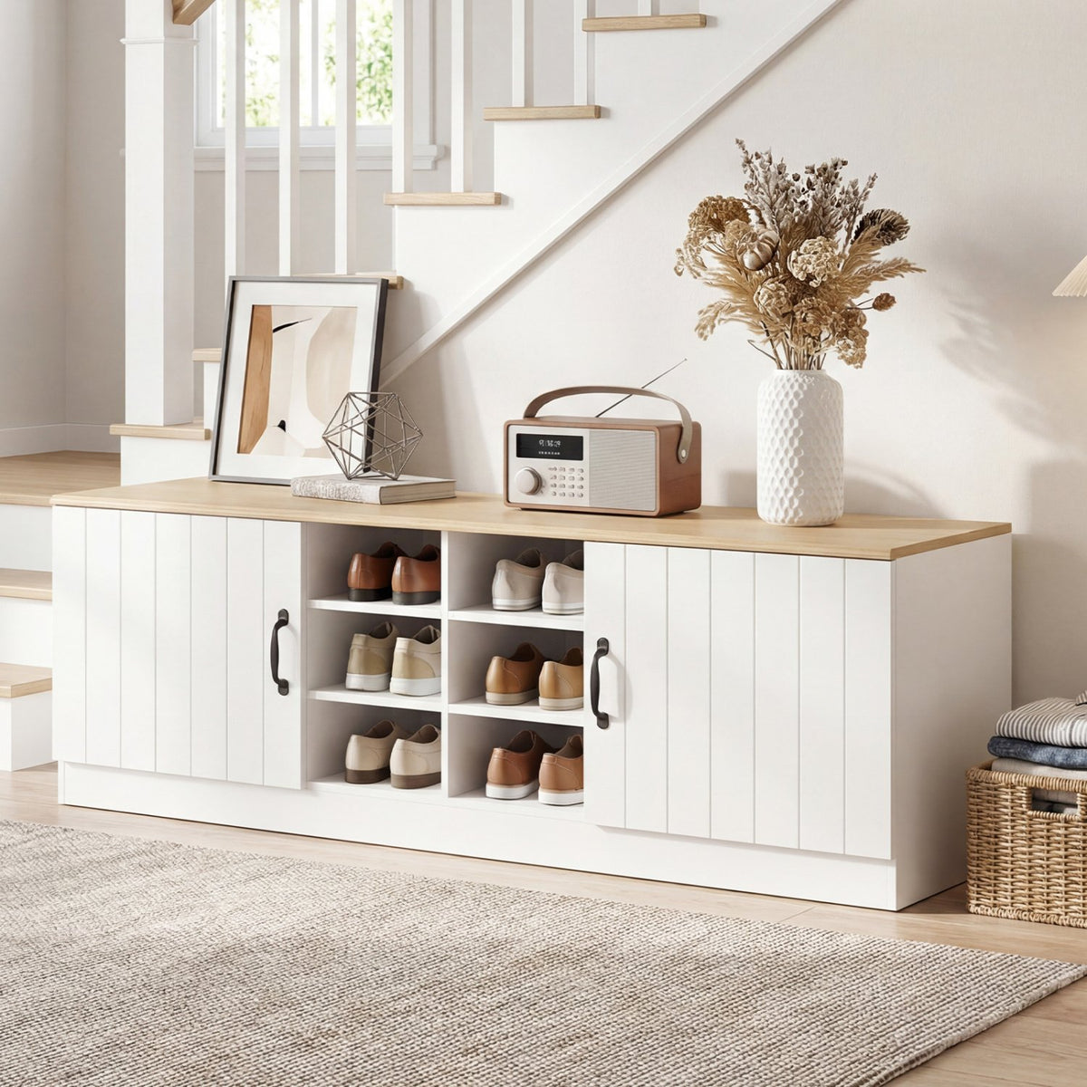 2-Door Shoe Bench Storage Cabinet with Adjustable Shelves-Natural view 3