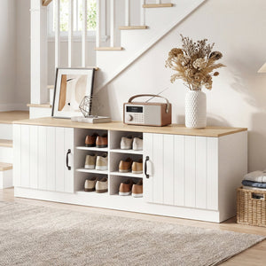 2-Door Shoe Bench Storage Cabinet with Adjustable Shelves-Natural view 3