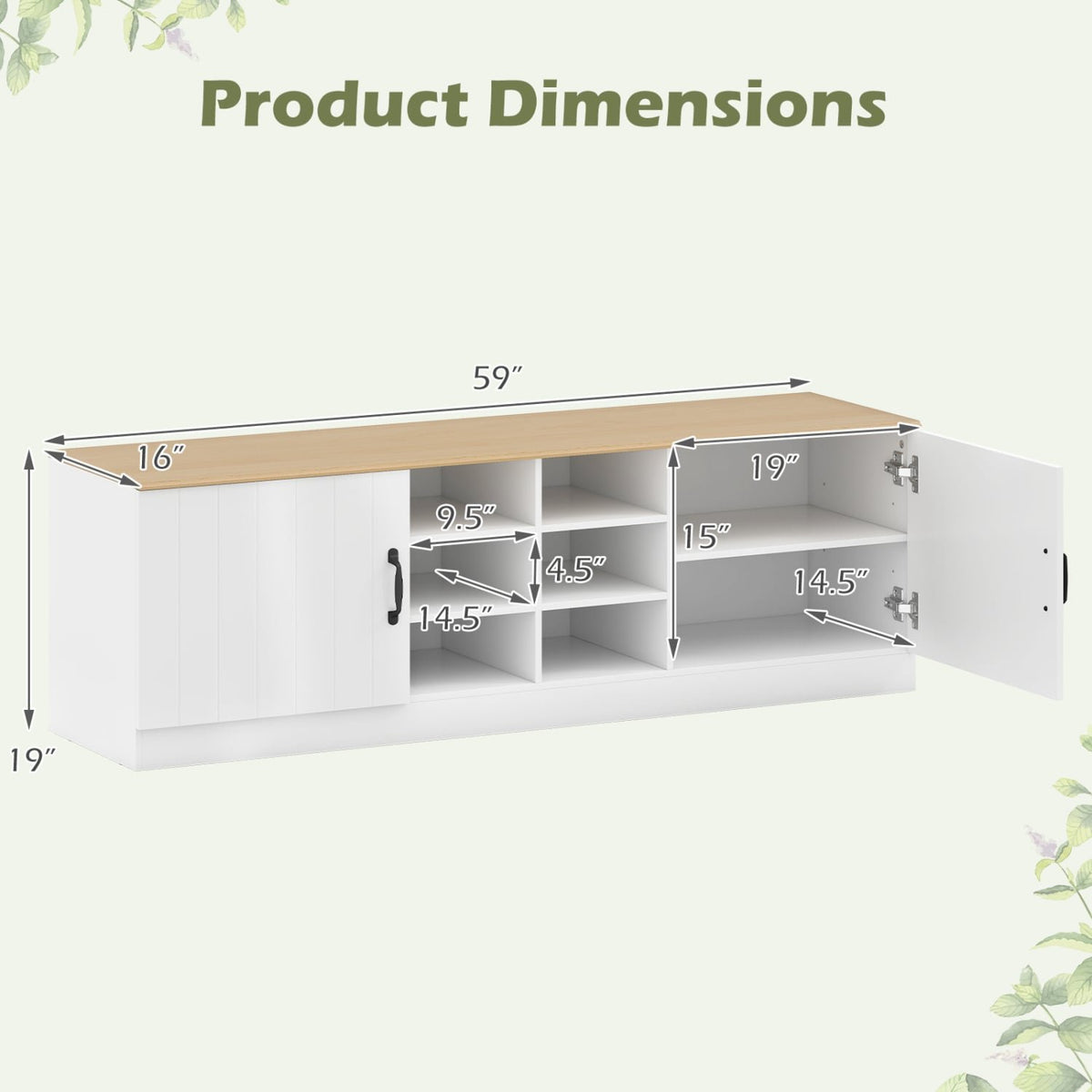 2-Door Shoe Bench Storage Cabinet with Adjustable Shelves-Natural view 5