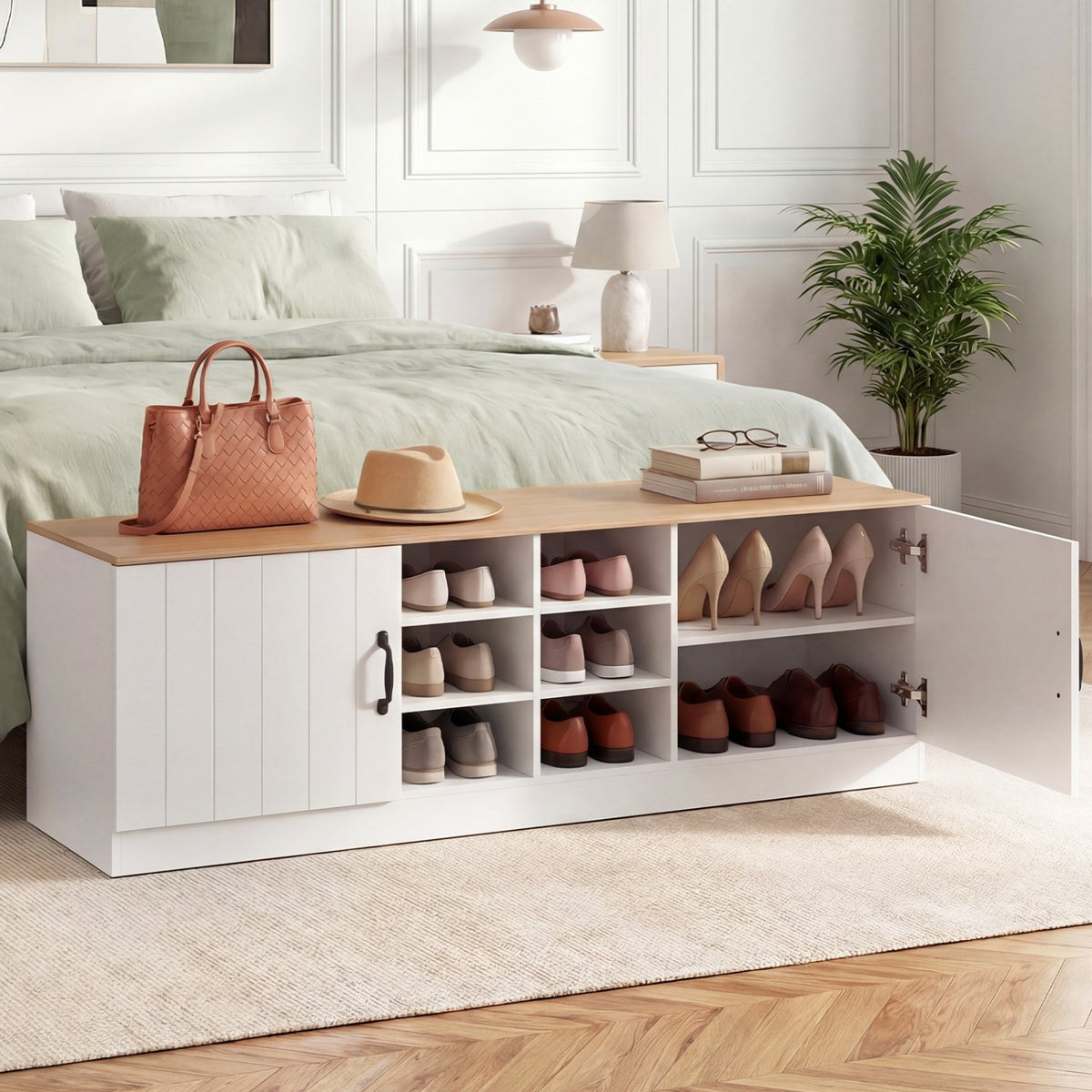 2-Door Shoe Bench Storage Cabinet with Adjustable Shelves-Natural view 6
