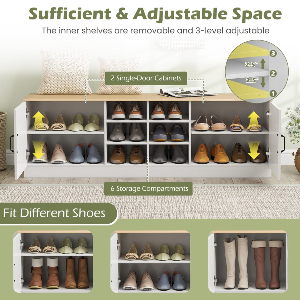 2-Door Shoe Bench Storage Cabinet with Adjustable Shelves-Natural view 7
