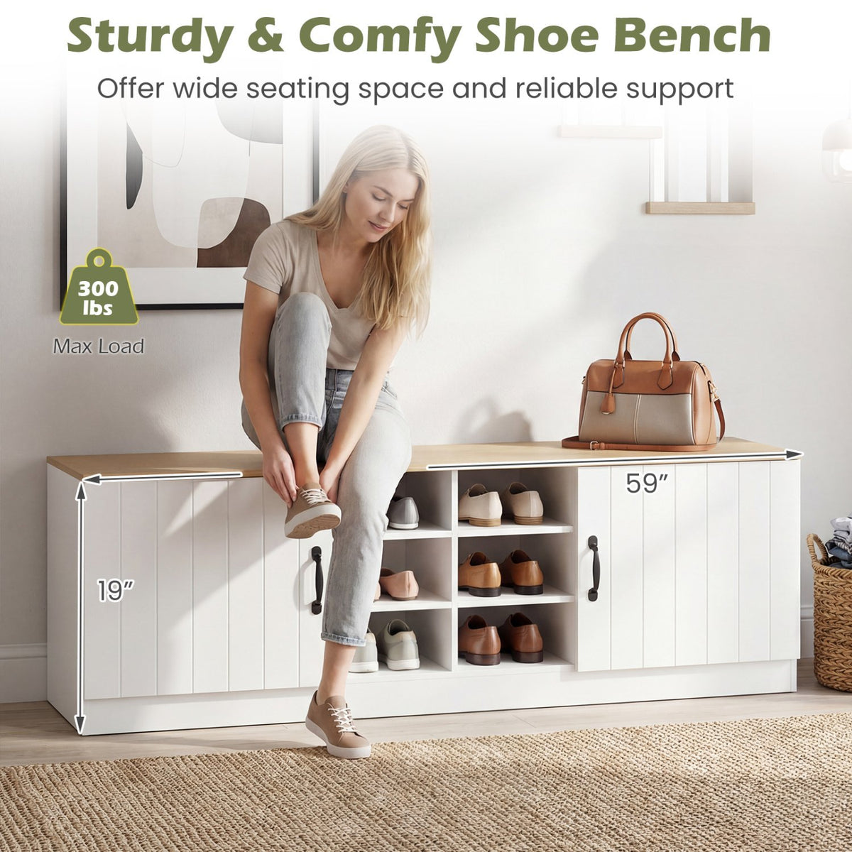 2-Door Shoe Bench Storage Cabinet with Adjustable Shelves-Natural view 8
