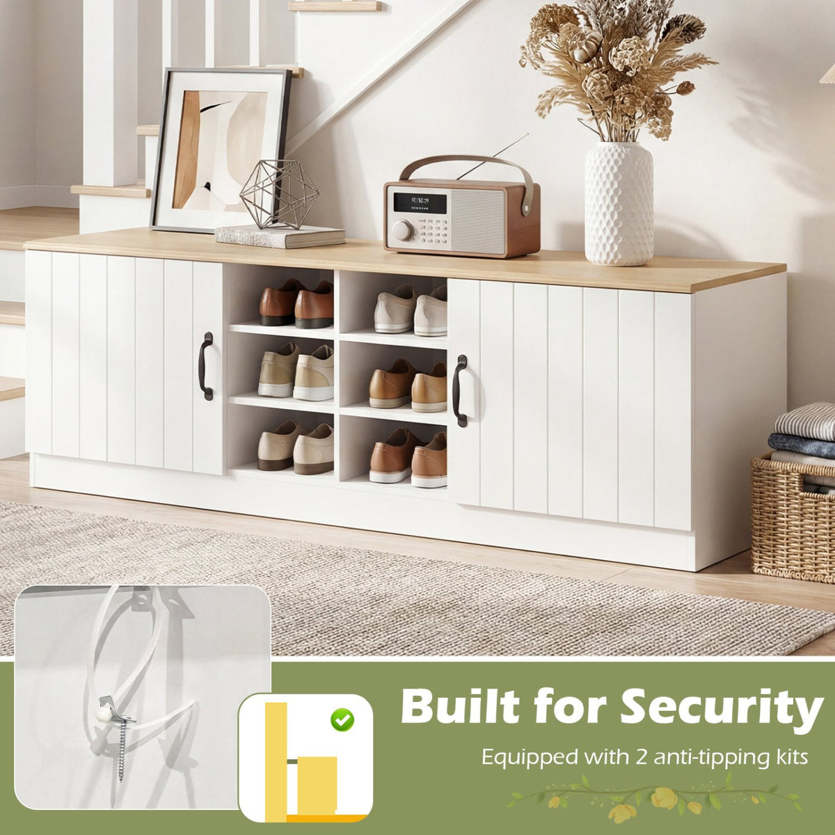 2-Door Shoe Bench Storage Cabinet with Adjustable Shelves-Natural view 9