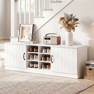 2-Door Shoe Bench Storage Cabinet with Adjustable Shelves-White view 3