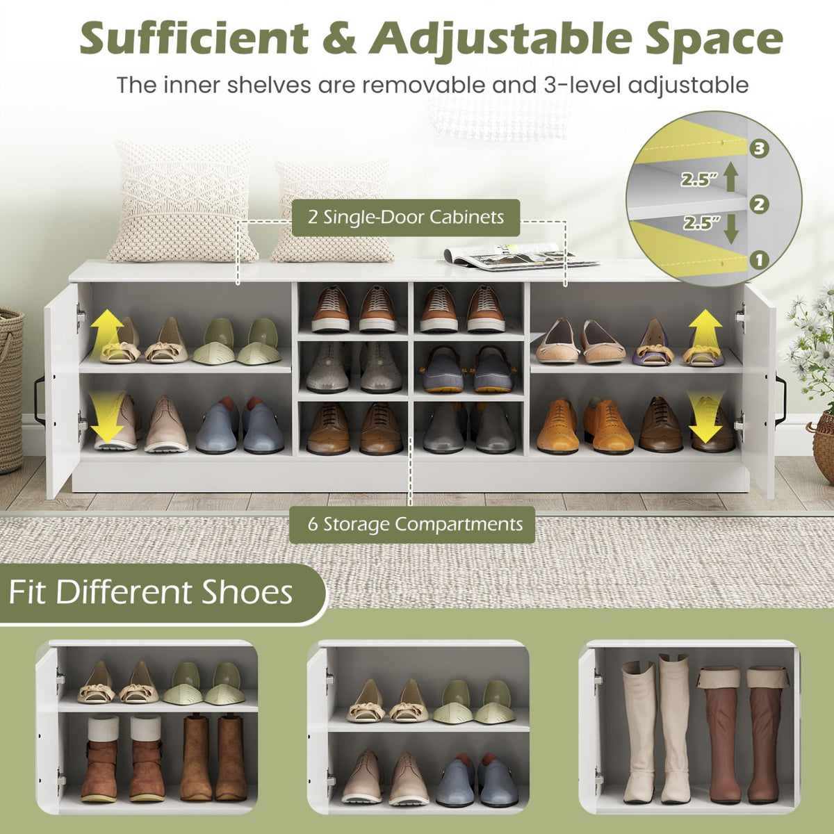 2-Door Shoe Bench Storage Cabinet with Adjustable Shelves-White view 7