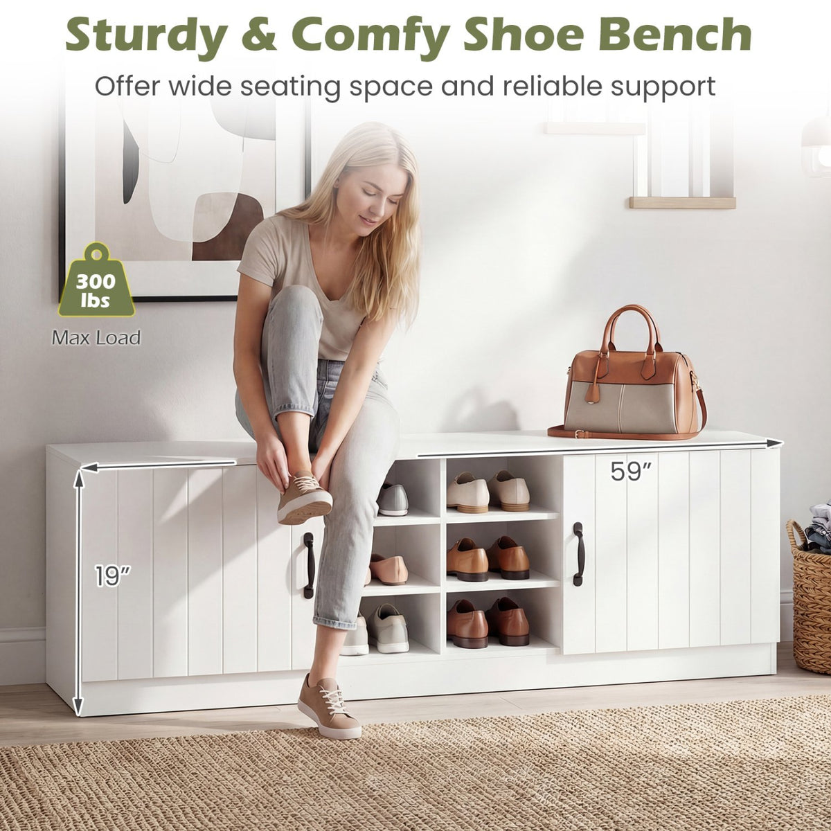 2-Door Shoe Bench Storage Cabinet with Adjustable Shelves-White view 8