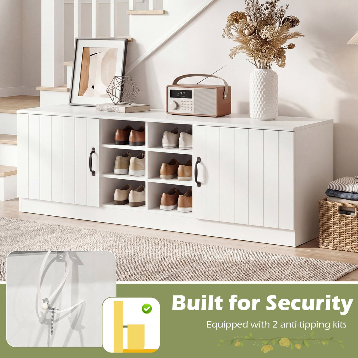 2-Door Shoe Bench Storage Cabinet with Adjustable Shelves-White view 9