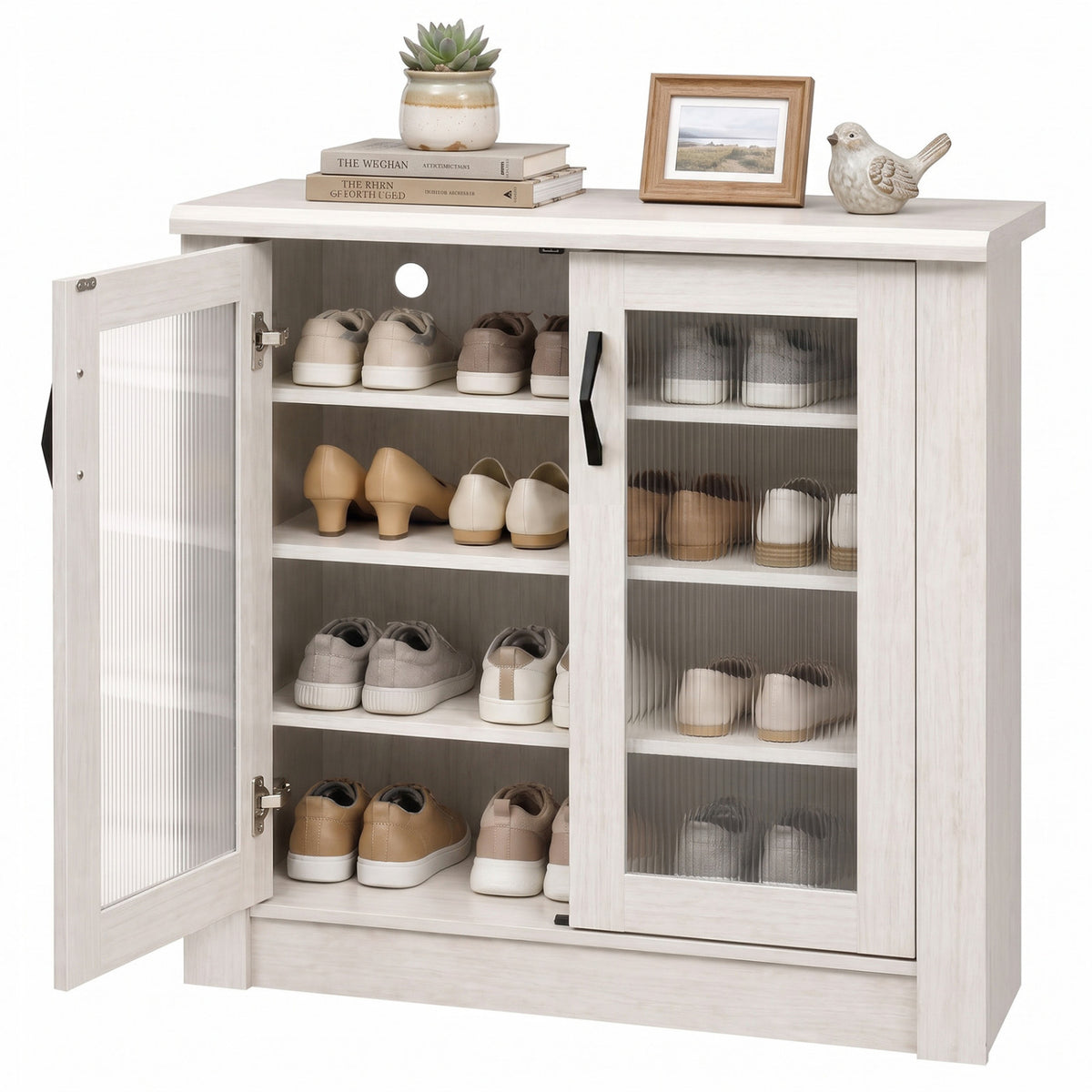 2-Door Shoe Cabinet with Removable Shelves Wooden Shoe Storage Organizer-White view 4