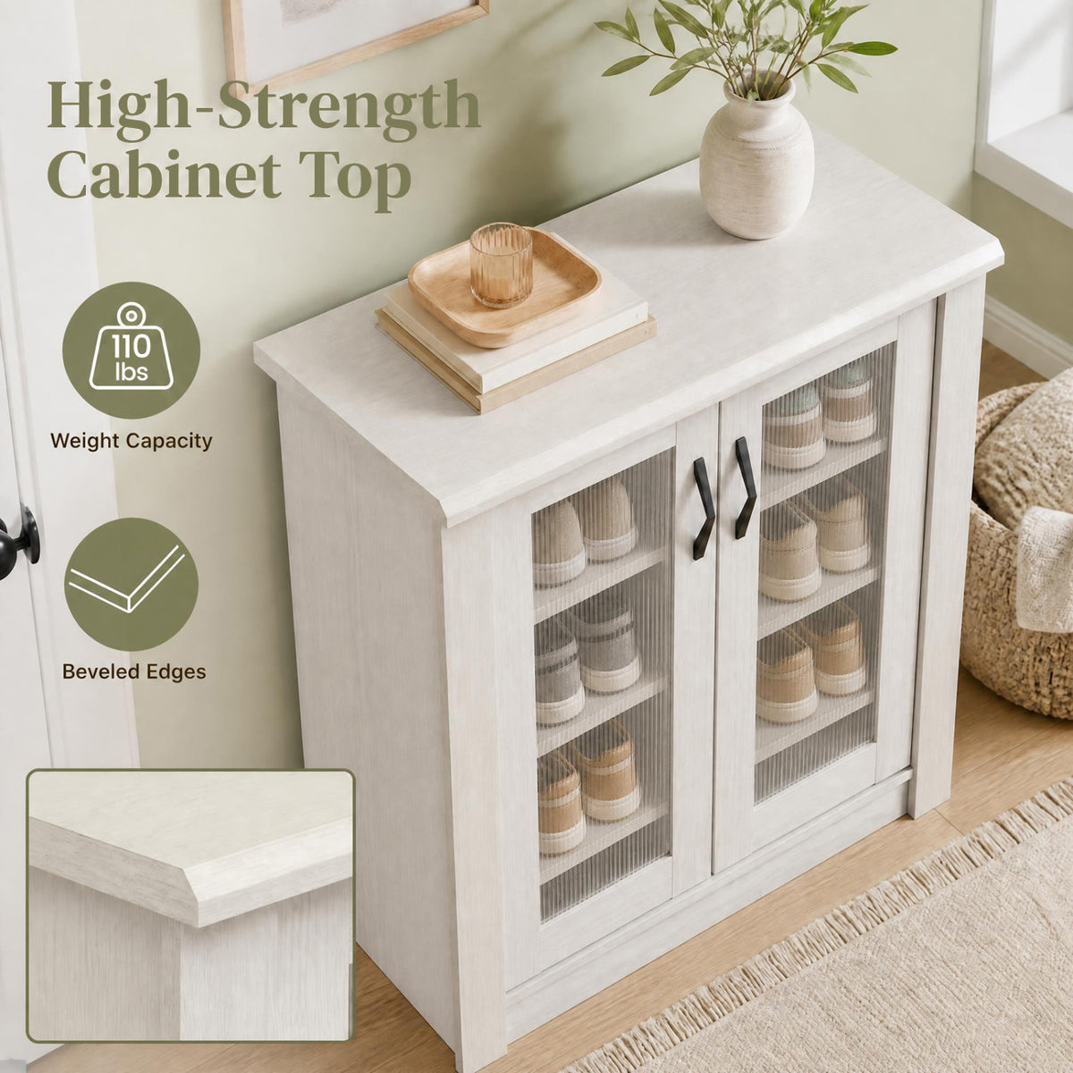 2-Door Shoe Cabinet with Removable Shelves Wooden Shoe Storage Organizer-White view 7