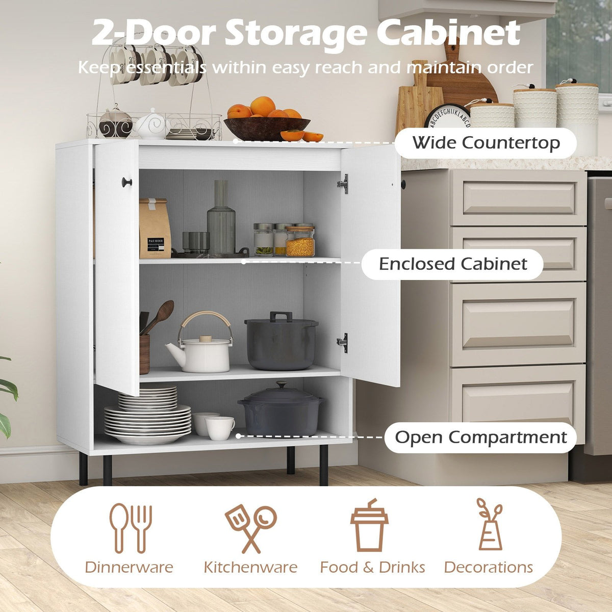 2-Door Sideboard Buffet Cabinet Kitchen with Adjustable Shelf-White view 8