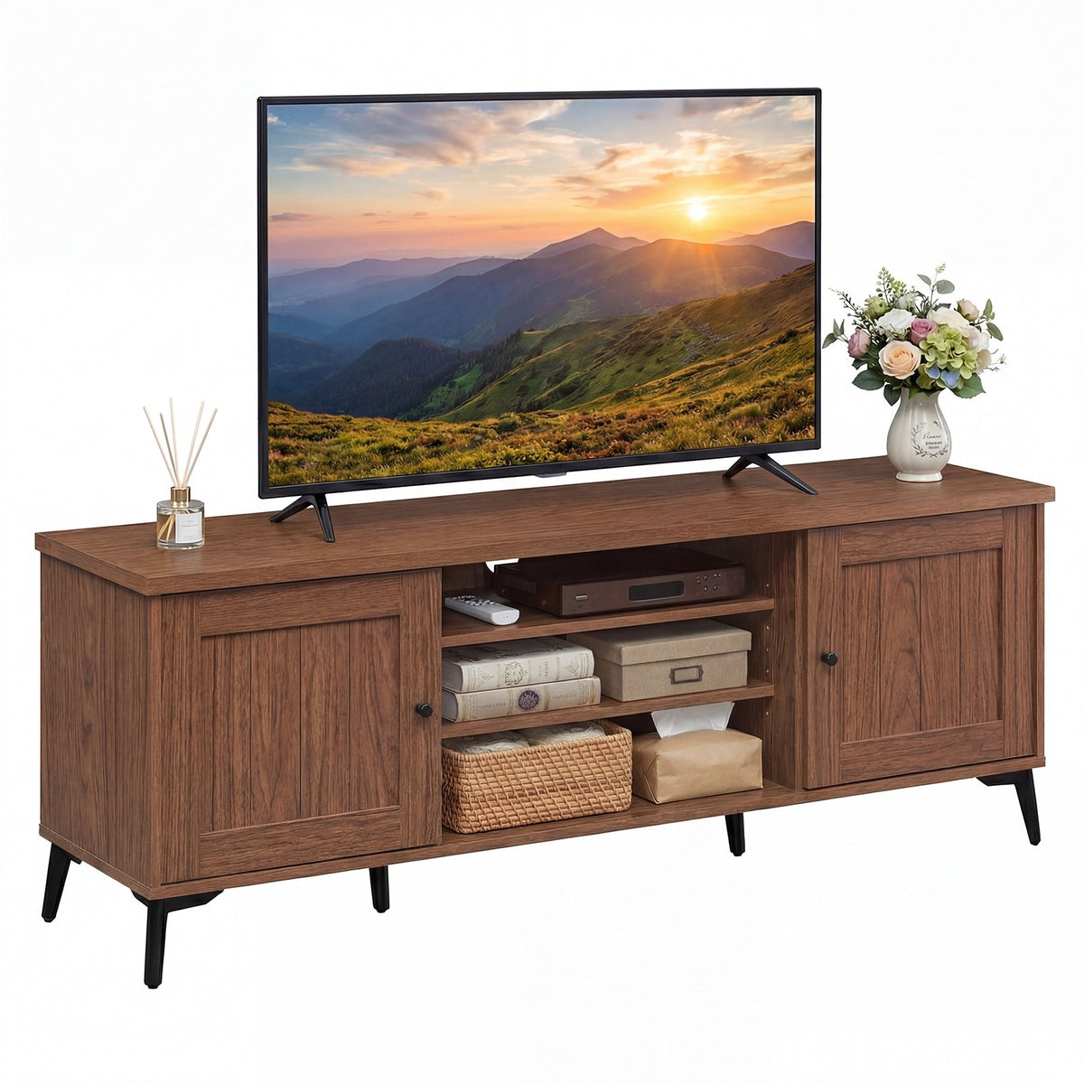 2-Door TV Stand for TVs up to 65 Inch Mid Century Modern Entertainment Center-Brown