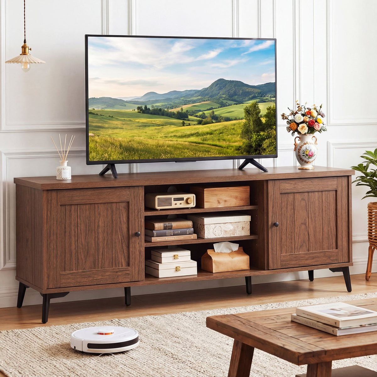 2-Door TV Stand for TVs up to 65 Inch Mid Century Modern Entertainment Center-Brown view 2