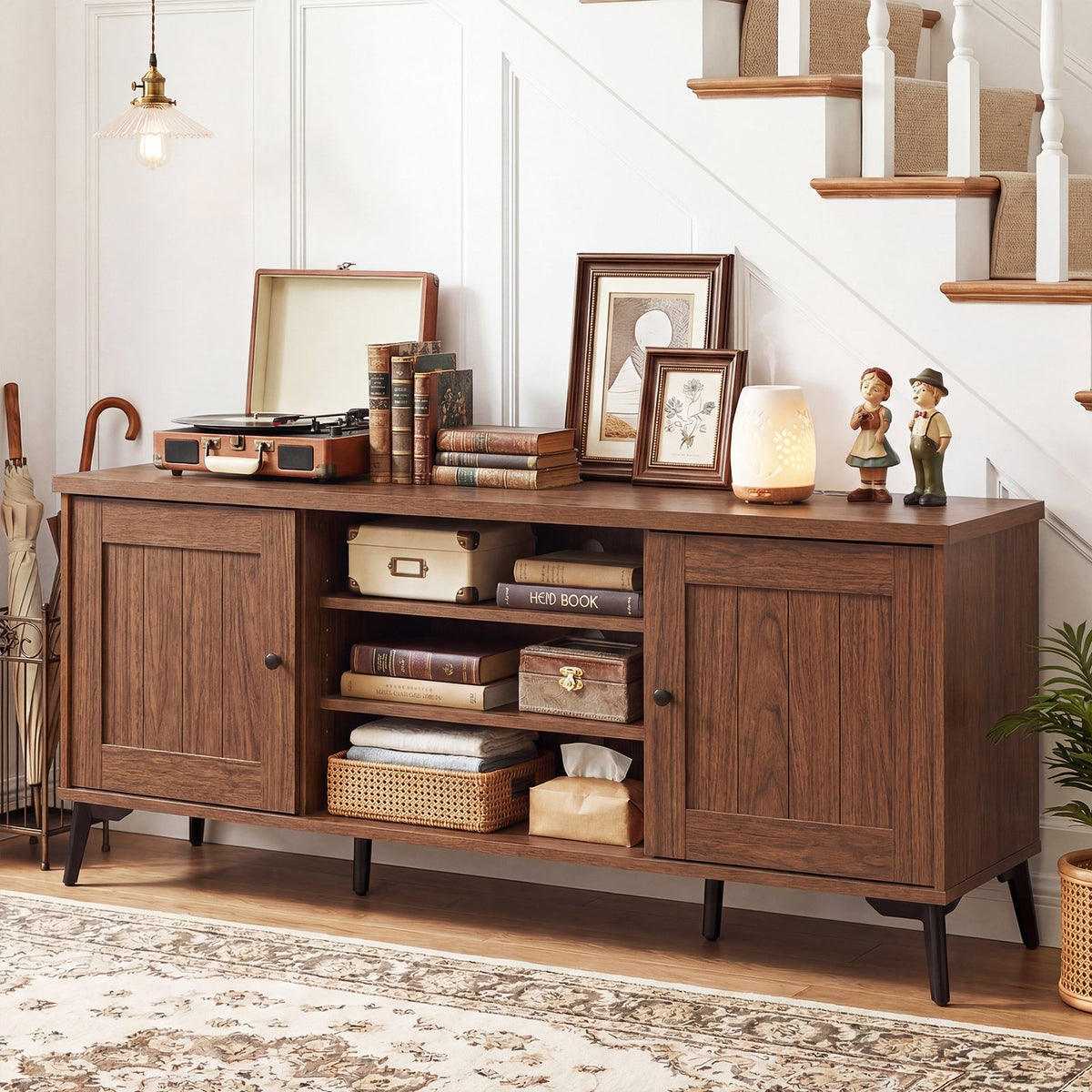 2-Door TV Stand for TVs up to 65 Inch Mid Century Modern Entertainment Center-Brown view 3