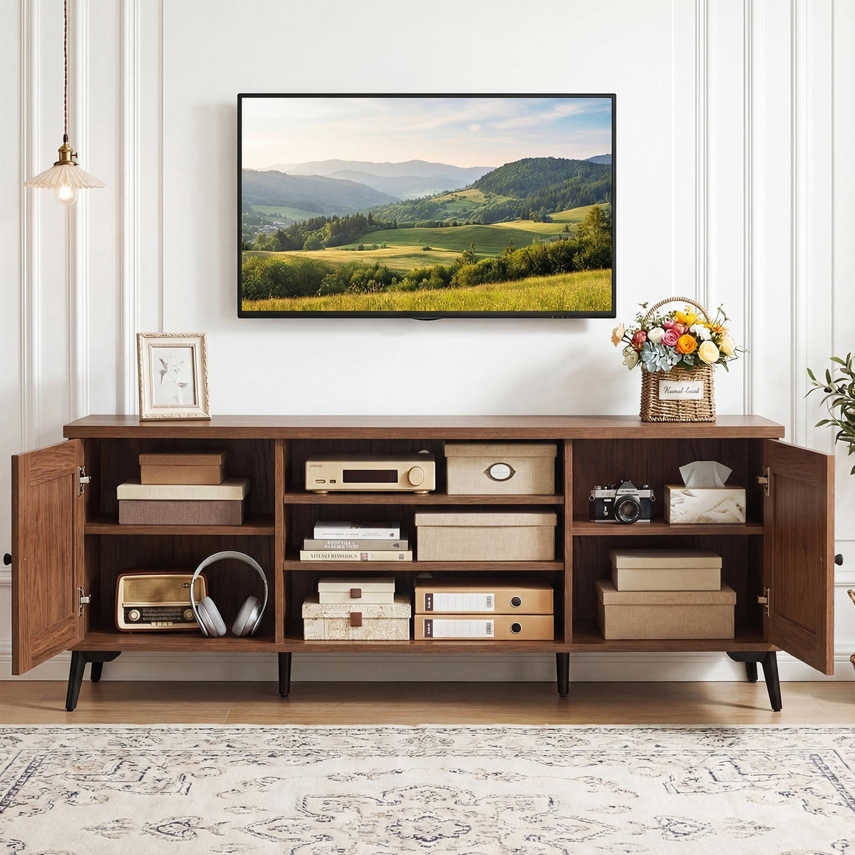 2-Door TV Stand for TVs up to 65 Inch Mid Century Modern Entertainment Center-Brown view 6