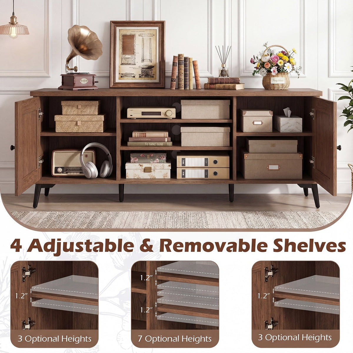 2-Door TV Stand for TVs up to 65 Inch Mid Century Modern Entertainment Center-Brown view 8