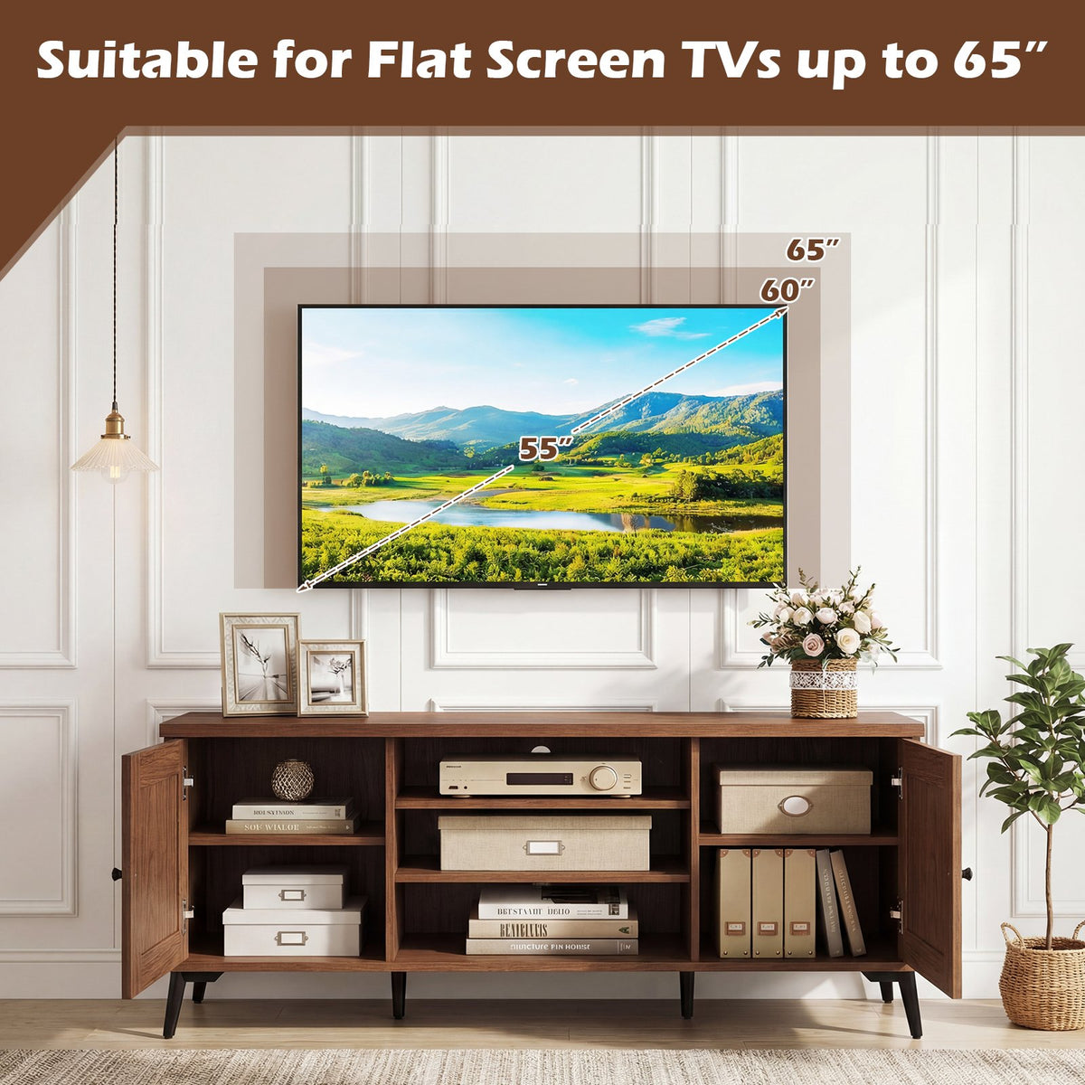 2-Door TV Stand for TVs up to 65 Inch Mid Century Modern Entertainment Center-Brown view 9