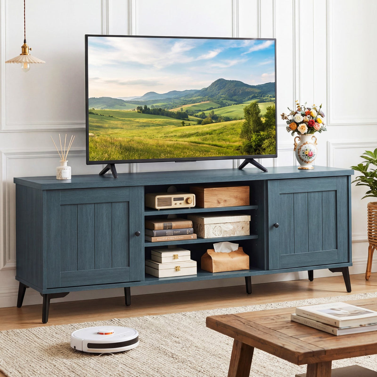 2-Door TV Stand for TVs up to 65 Inch Mid Century Modern Entertainment Center-Turquoise view 2