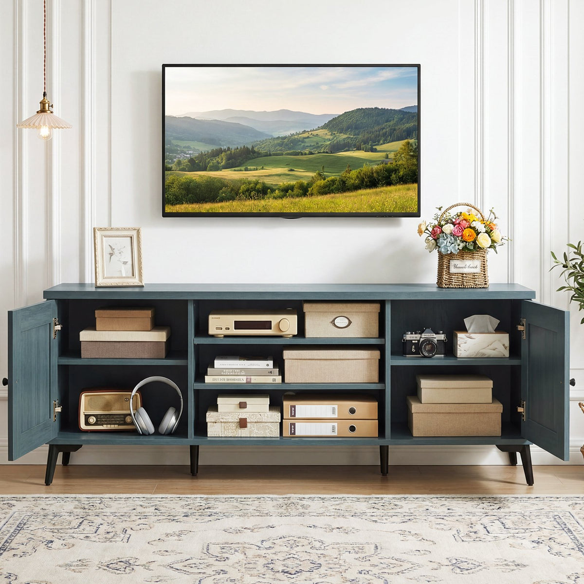 2-Door TV Stand for TVs up to 65 Inch Mid Century Modern Entertainment Center-Turquoise view 6
