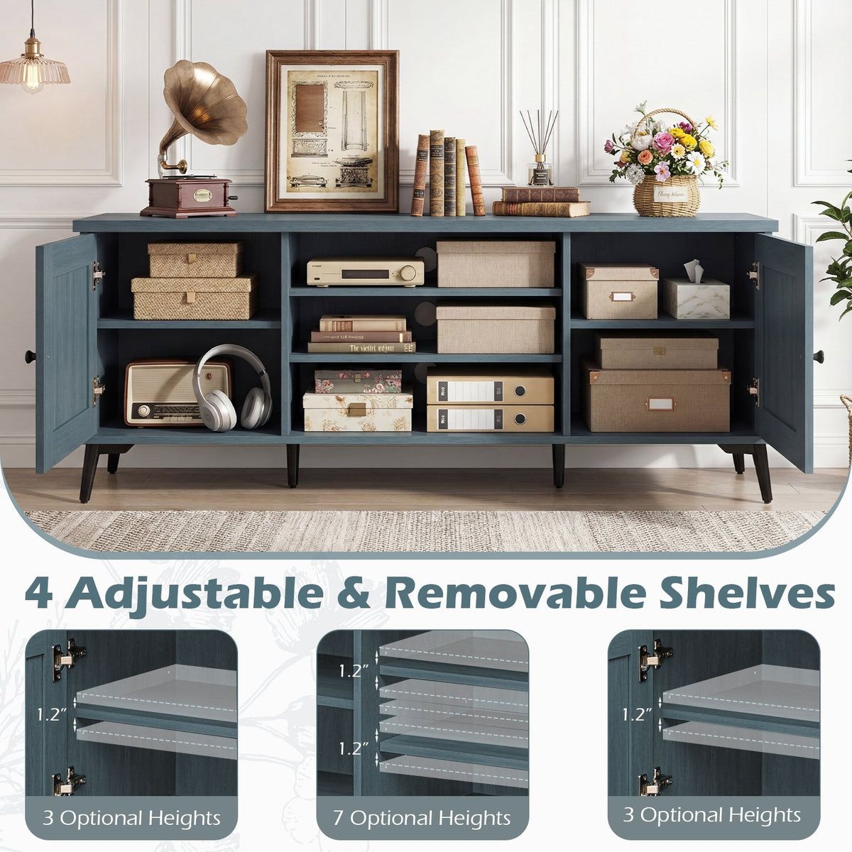 2-Door TV Stand for TVs up to 65 Inch Mid Century Modern Entertainment Center-Turquoise view 8