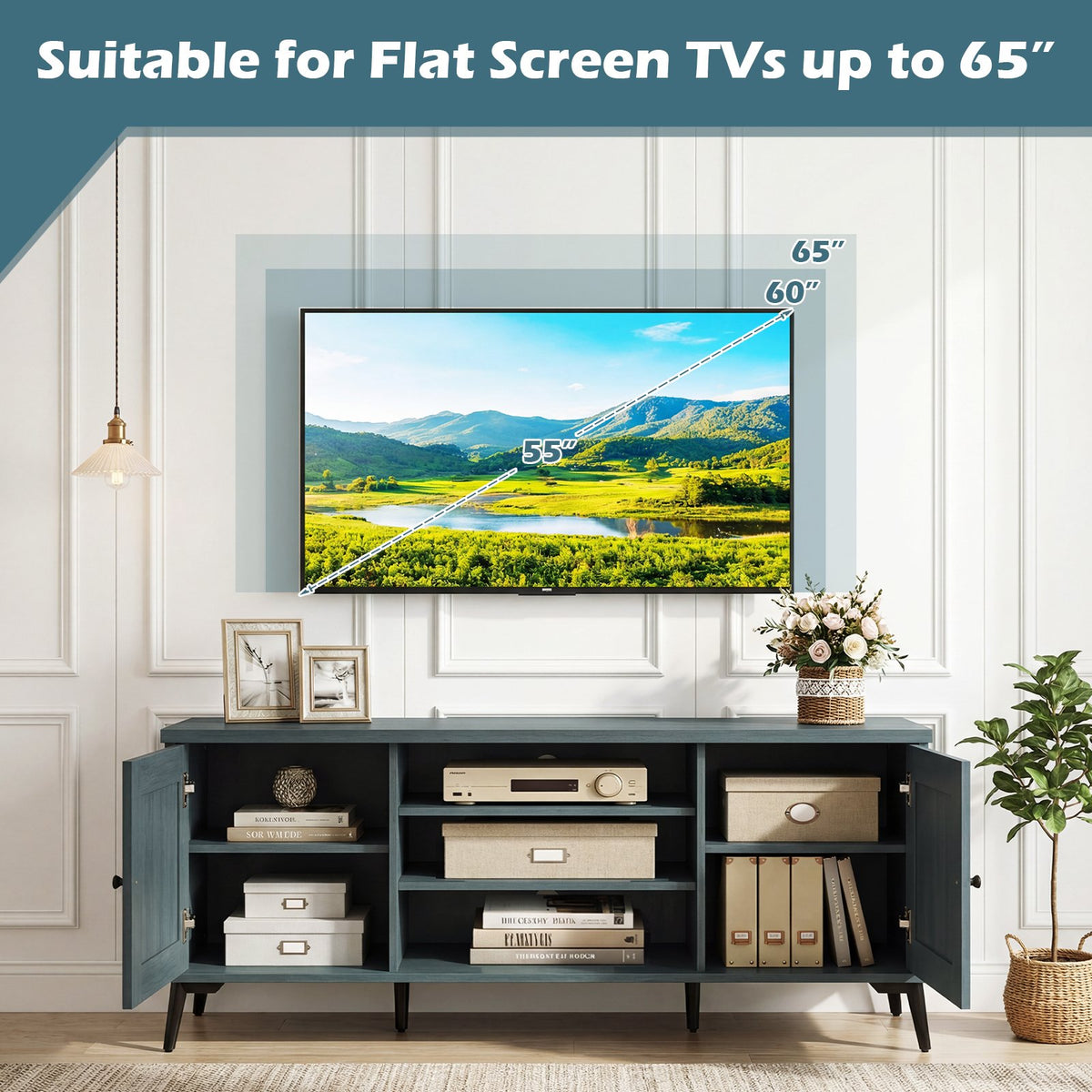 2-Door TV Stand for TVs up to 65 Inch Mid Century Modern Entertainment Center-Turquoise view 9