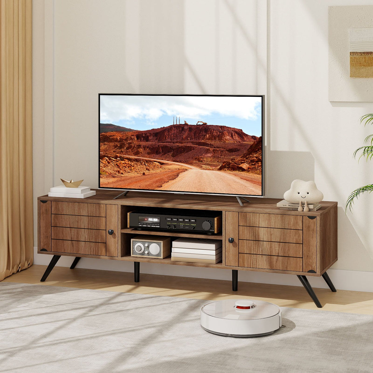 2-Door TV Stand for TVs up to 65 Inch with Open Shelves-Oak view 2