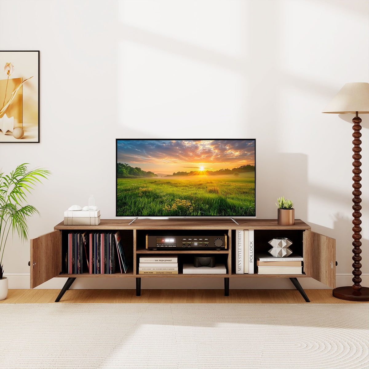 2-Door TV Stand for TVs up to 65 Inch with Open Shelves-Oak view 3