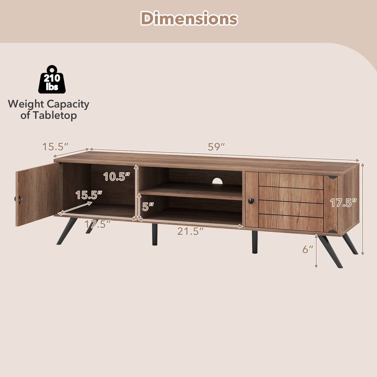 2-Door TV Stand for TVs up to 65 Inch with Open Shelves-Oak view 5
