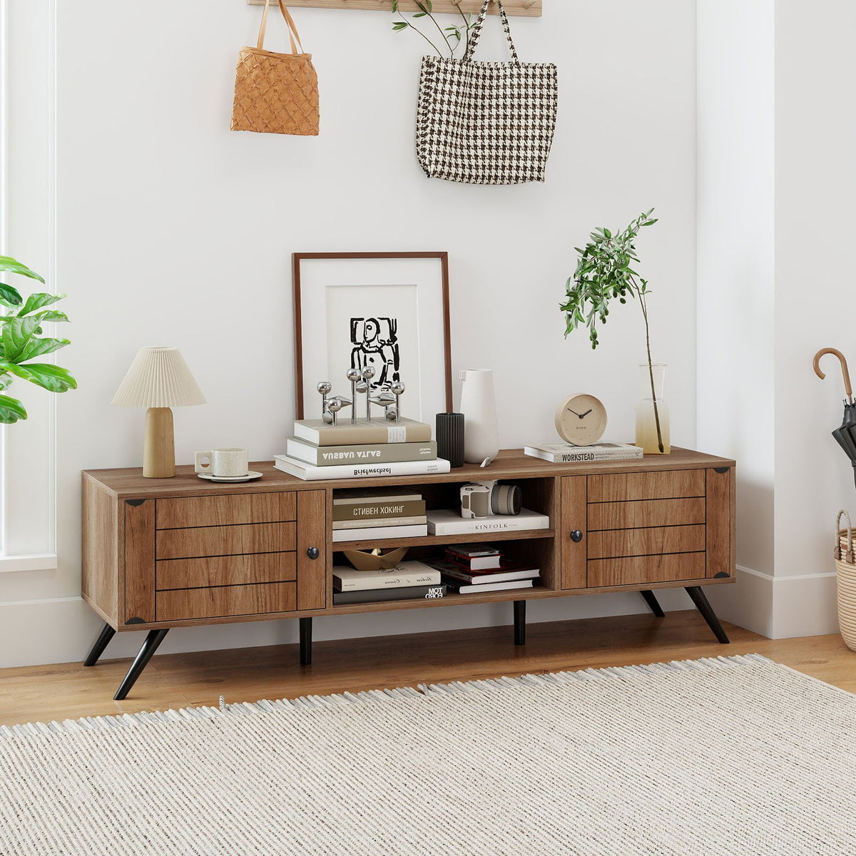 2-Door TV Stand for TVs up to 65 Inch with Open Shelves-Oak view 6