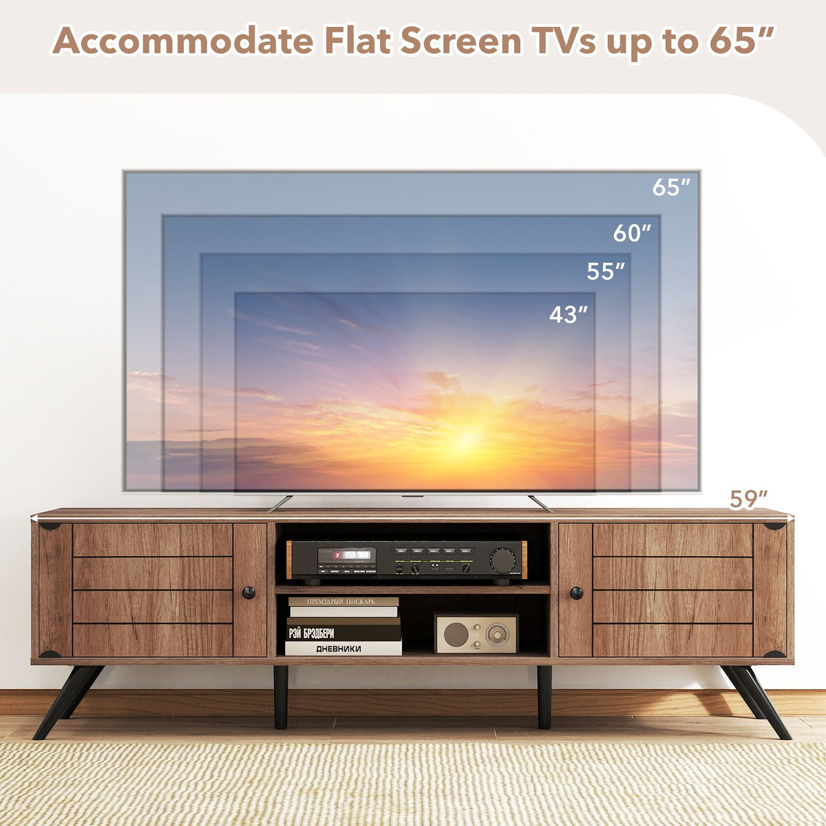 2-Door TV Stand for TVs up to 65 Inch with Open Shelves-Oak view 7