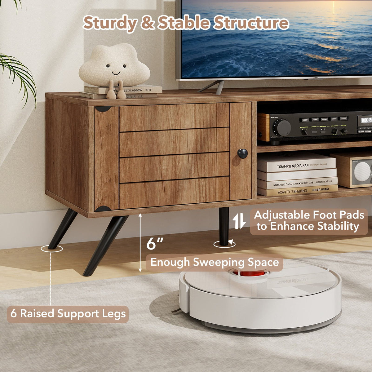 2-Door TV Stand for TVs up to 65 Inch with Open Shelves-Oak view 8